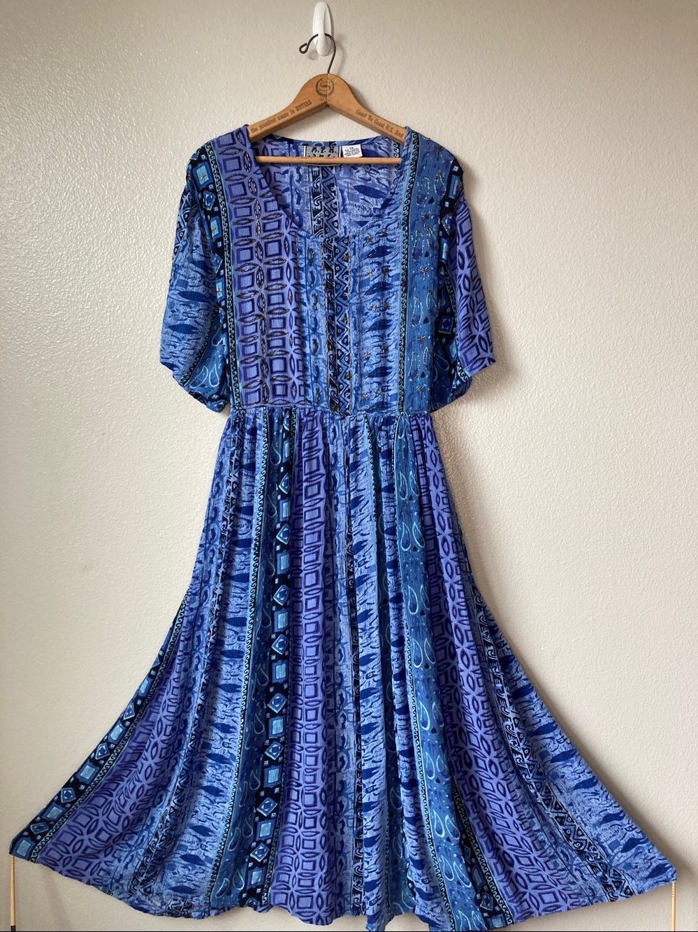 Vintage M.P.H. gauze crinkle Tie Back 90s Midi dress batik abstract print sz 3X